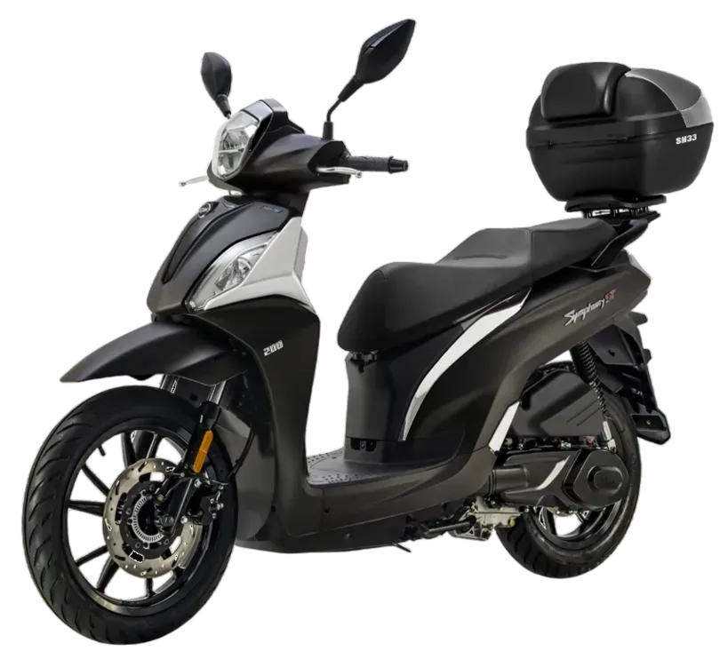 Uno scooter grigio scuro con un bauletto posteriore nero, mostrato su sfondo bianco.