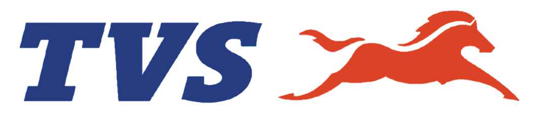 Il logo TVS, caratterizzato da una scritta blu, in grassetto e senza grazie, accanto a un cavallo arancione