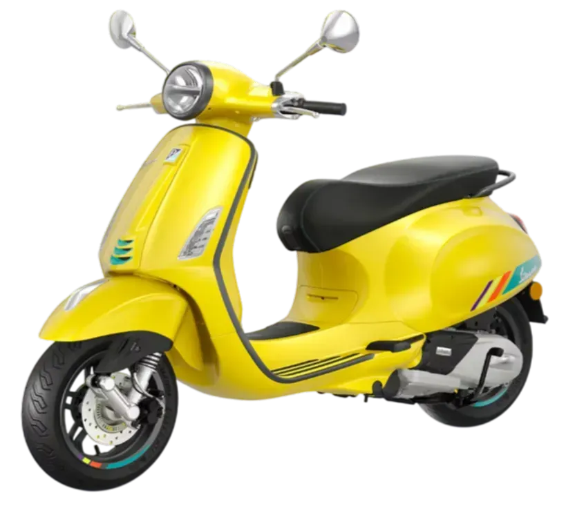 Uno scooter Vespa giallo brillante con dettagli neri, mostrato di tre quarti su sfondo bianco.