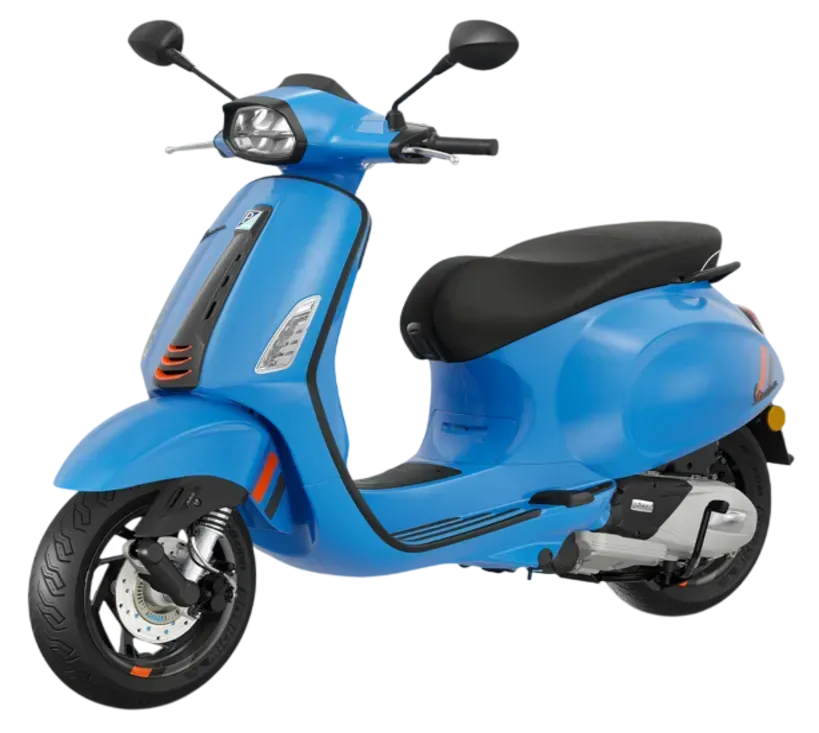 Uno scooter Vespa Sprint S di colore blu brillante, visto di profilo su sfondo bianco.