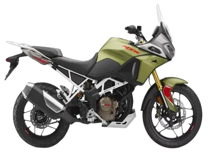 Una motocicletta TVS Apache RTR 310 di colore verde oliva opaco, vista di profilo su sfondo bianco.