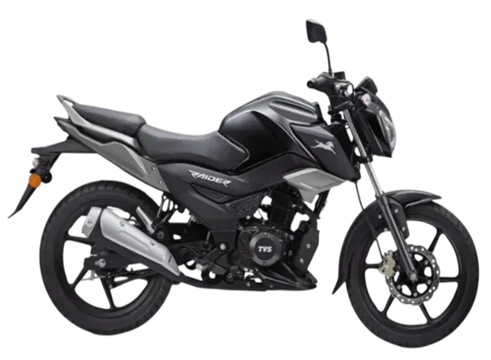 Motocicletta TVS Raider grigia e nera con design sportivo e cerchi in lega