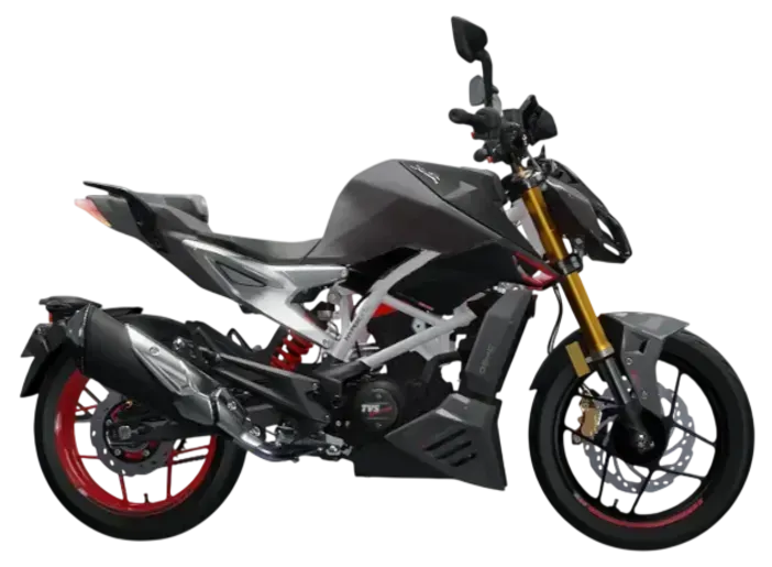Motocicletta naked TVS grigio scuro con cerchi rossi e forcella dorata