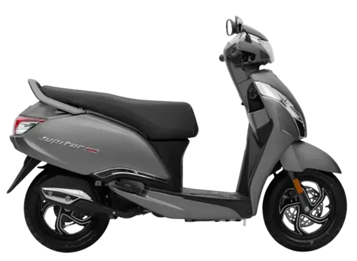 Uno scooter TVS Jupiter 125 grigio opaco, visto di profilo su sfondo bianco.