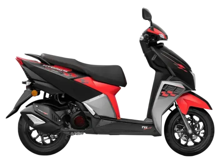 Uno scooter TVS NTORQ 125 nei colori nero, rosso e argento, visto di profilo su uno sfondo bianco uniforme.