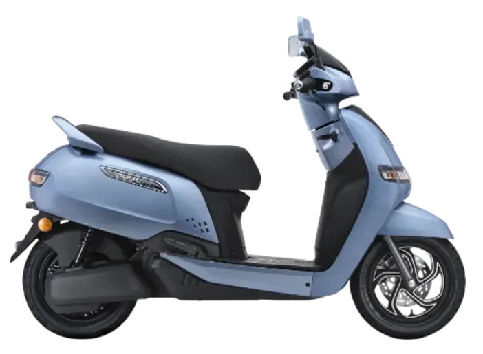 Vista laterale di un monopattino elettrico azzurro con sella e ruote nere, su uno sfondo bianco uniforme.