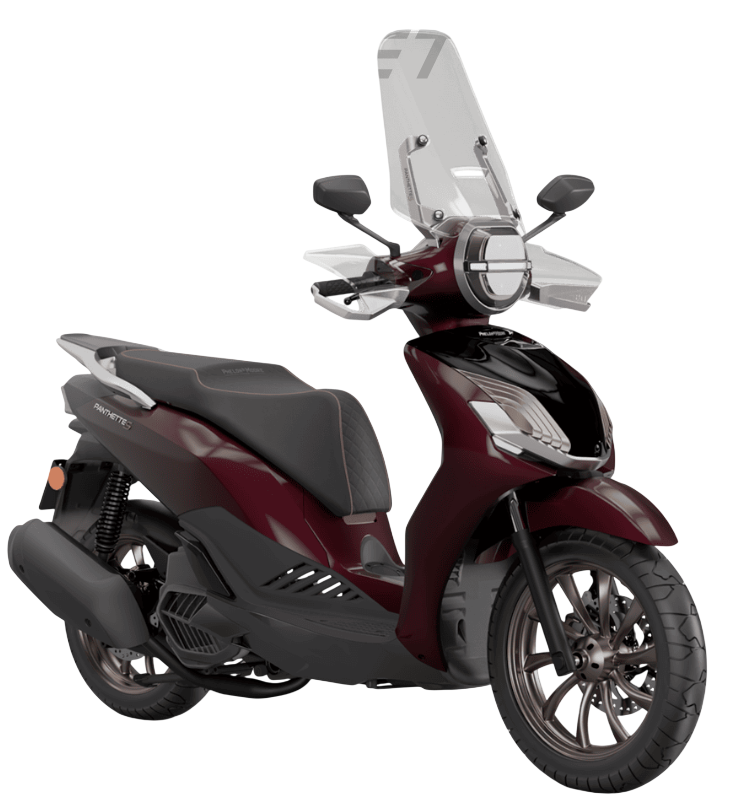 Uno scooter Piaggio Beverly color argento, visto di profilo su sfondo bianco.