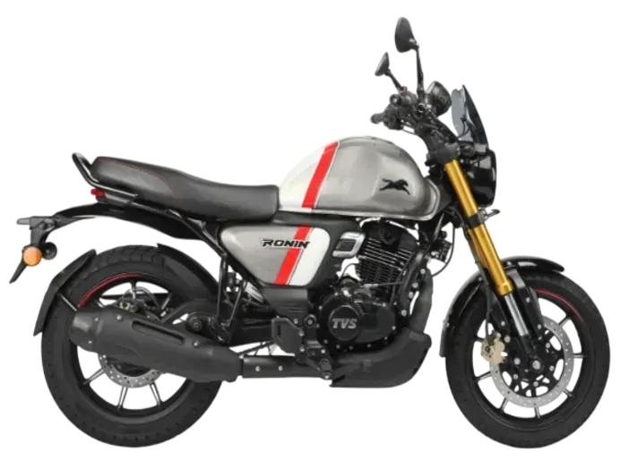 Una motocicletta TVS Ronin color argento con strisce da corsa rosse, vista di profilo su sfondo bianco.