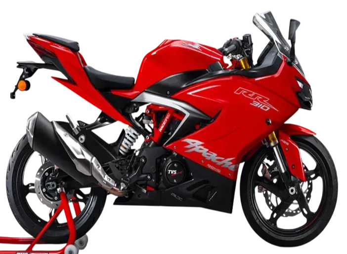 Moto sportiva TVS Apache RR 310 rossa su cavalletto rosso