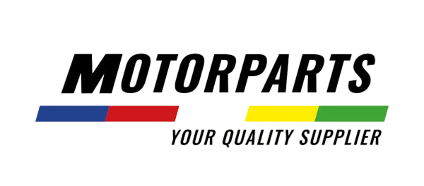 Logo MOTORPARTS con striscia multicolore e slogan 'Your Quality Supplier'