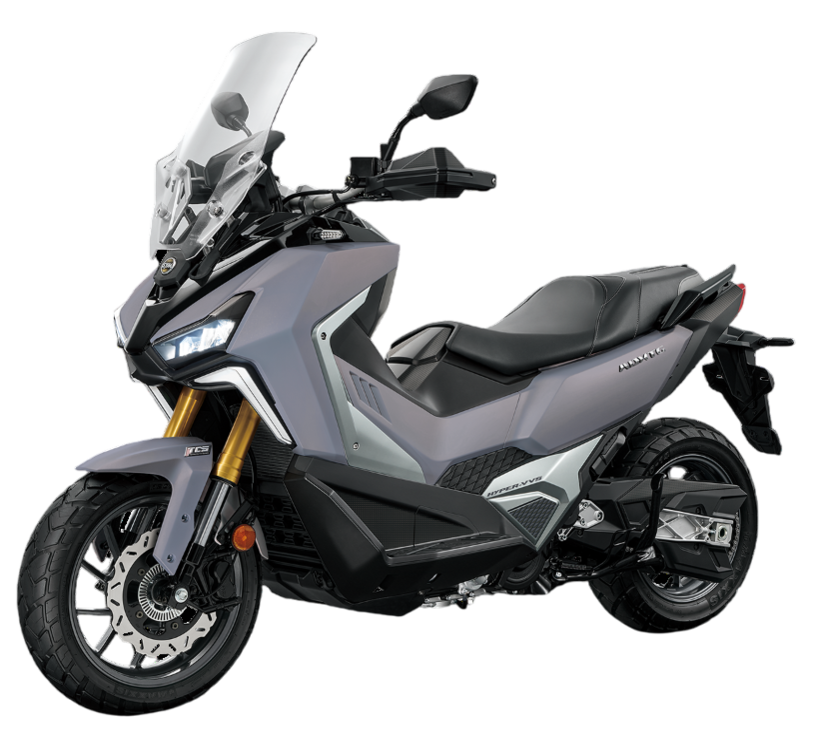 Uno scooter in stile adventure di colore grigio opaco con parabrezza alto e forcella anteriore di sospensione color oro.