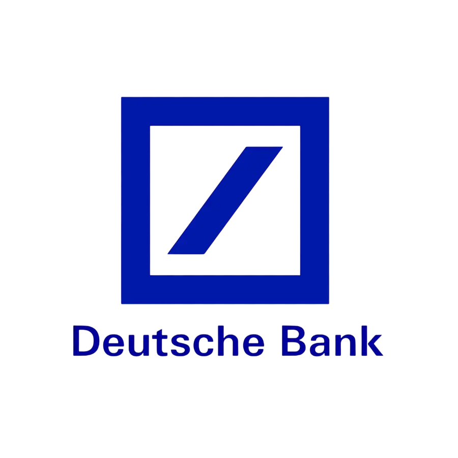 Logo Deutsche Bank con barra diagonale blu in quadrato bianco