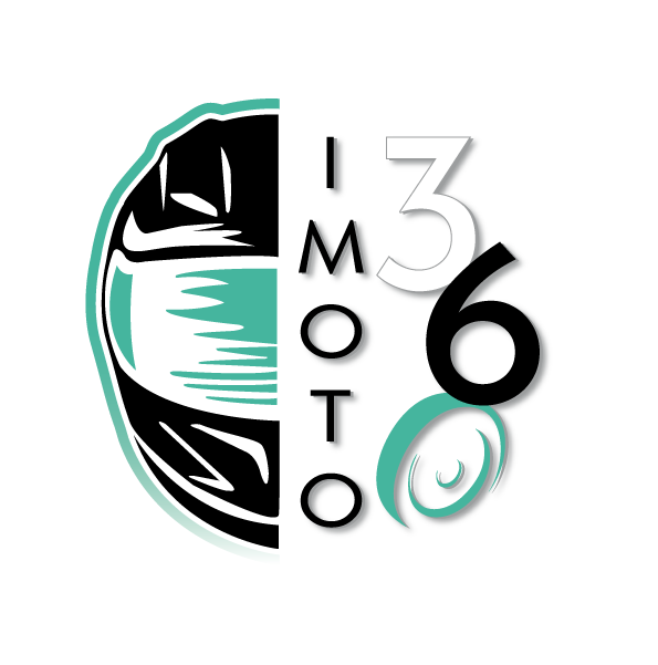 Logo per IMOTO360 raffigurante il profilo stilizzato di un casco da motociclista nei colori nero e verde acqua, con