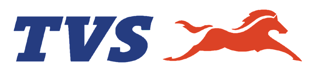 Logo TVS blu con testo a sinistra di un cavallo arancione stilizzato in corsa.