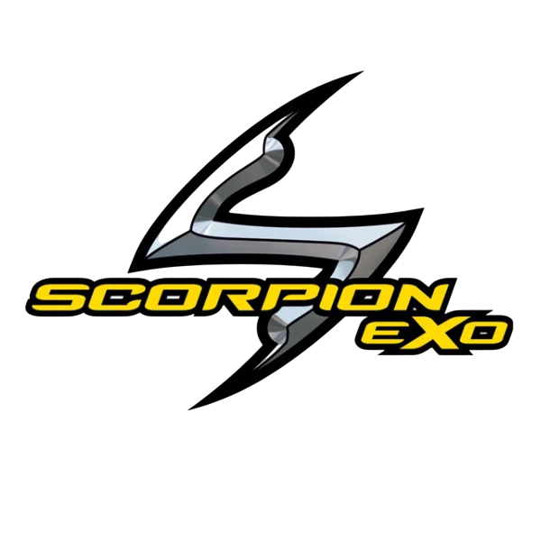 Logo Scorpion EXO con icona a forma di 'S' argentata e nome del marchio
