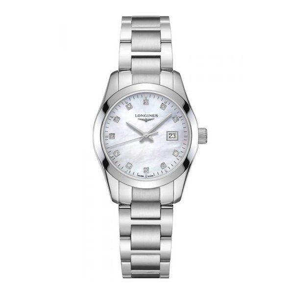LONGINES CONQUEST DIAMOND SET MOTHER-OF-PEARL DIAL SILVER BRACELET WATCH