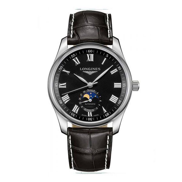 LONGINES MASTER AUTOMATIC BLACK DIAL BLACK LEATHER STRAP WATCH