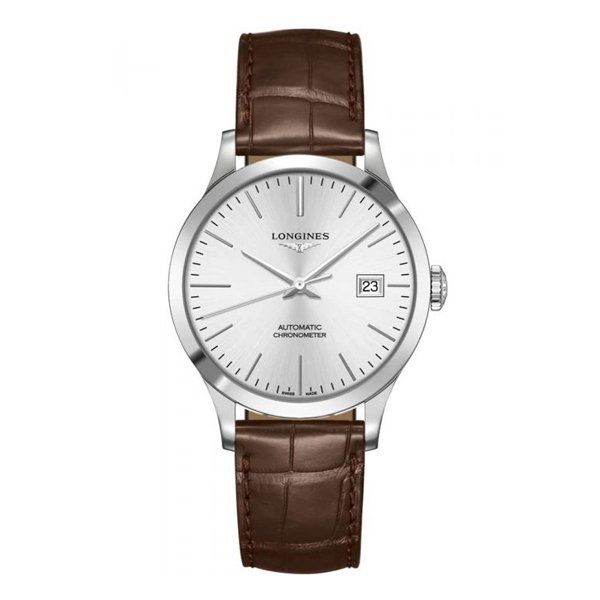 LONGINES MENS RECORD AUTOMATIC BROWN LEATHER STRAP WATCH