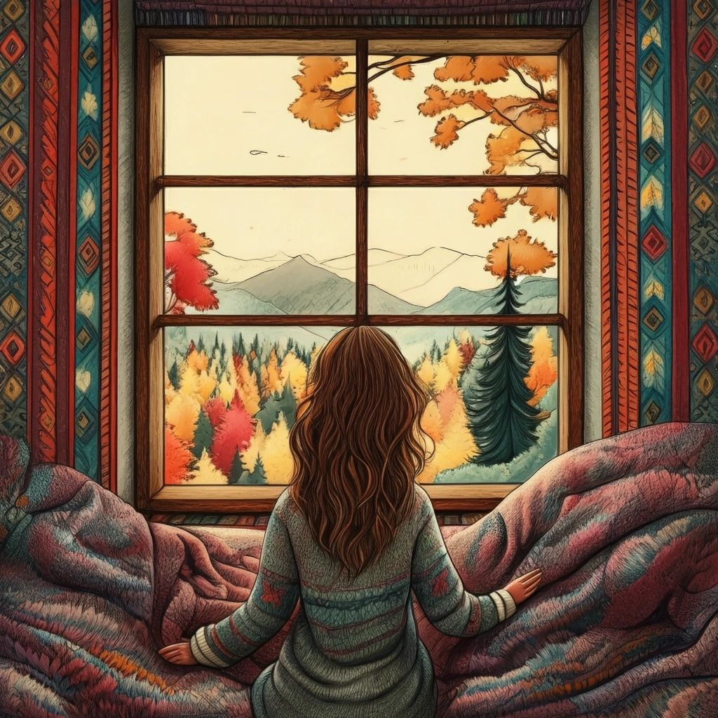 Woman gazes out window at autumn mountain scene. Vibrant fall foliage. Cozy interior, blanket, colorful window frame.