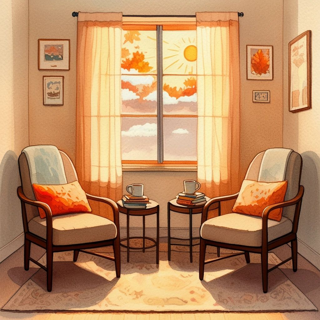 Cozy room with two armchairs, a sunlit window, and autumn decor. Warm colors and inviting atmosphere.