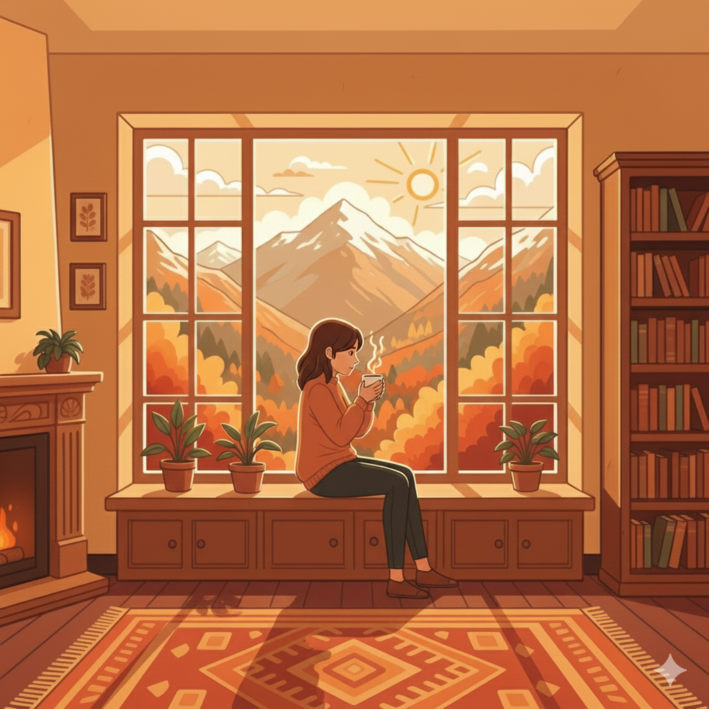 Woman sipping from a mug, sitting on a window seat with mountain view, in a cozy room with fireplace and bookshelf.