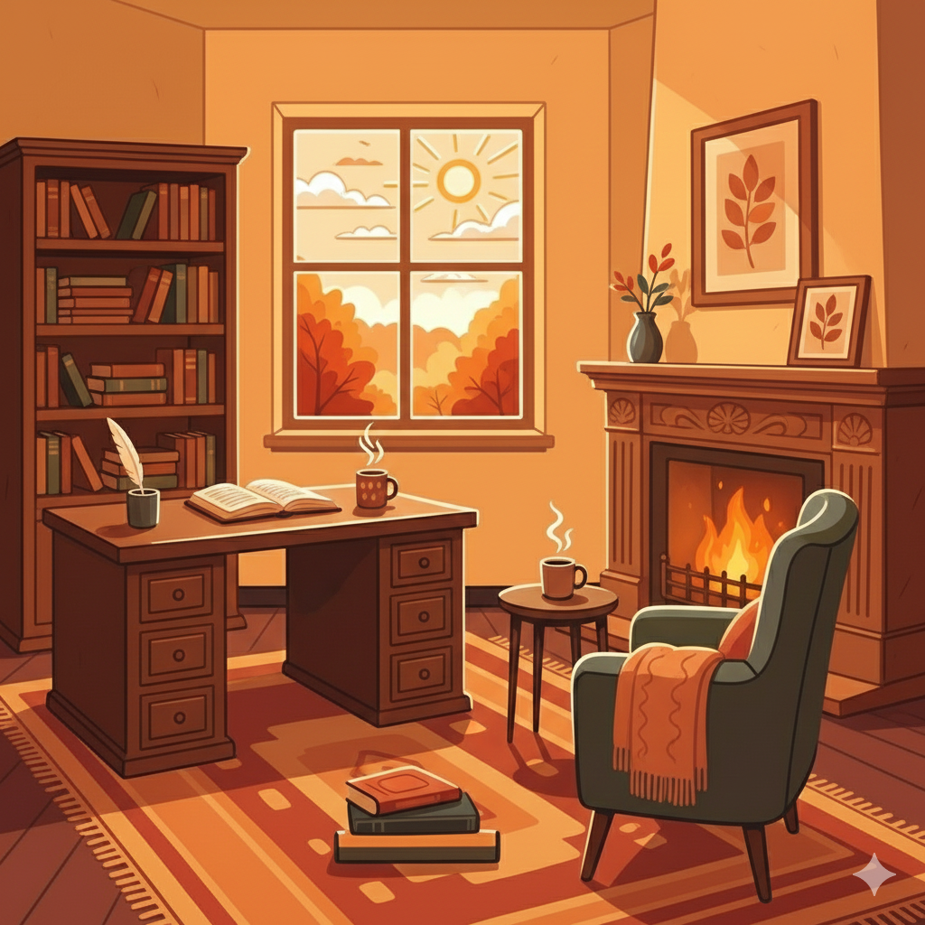 Cozy study with a desk, fireplace, bookshelves, and a window with a view of fall foliage; warm colors.