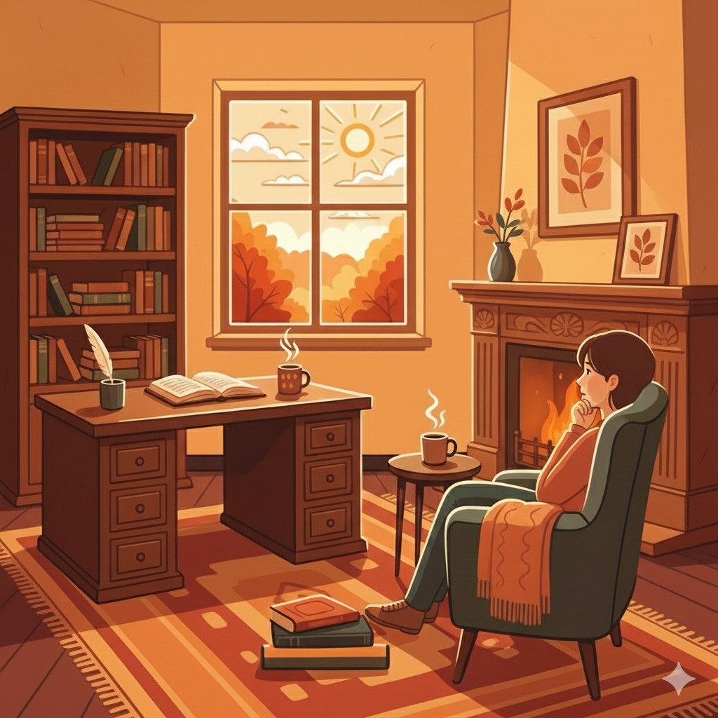 Cozy autumn scene: Person in armchair by fireplace. Desk with books. Window view of fall trees. Warm colors.