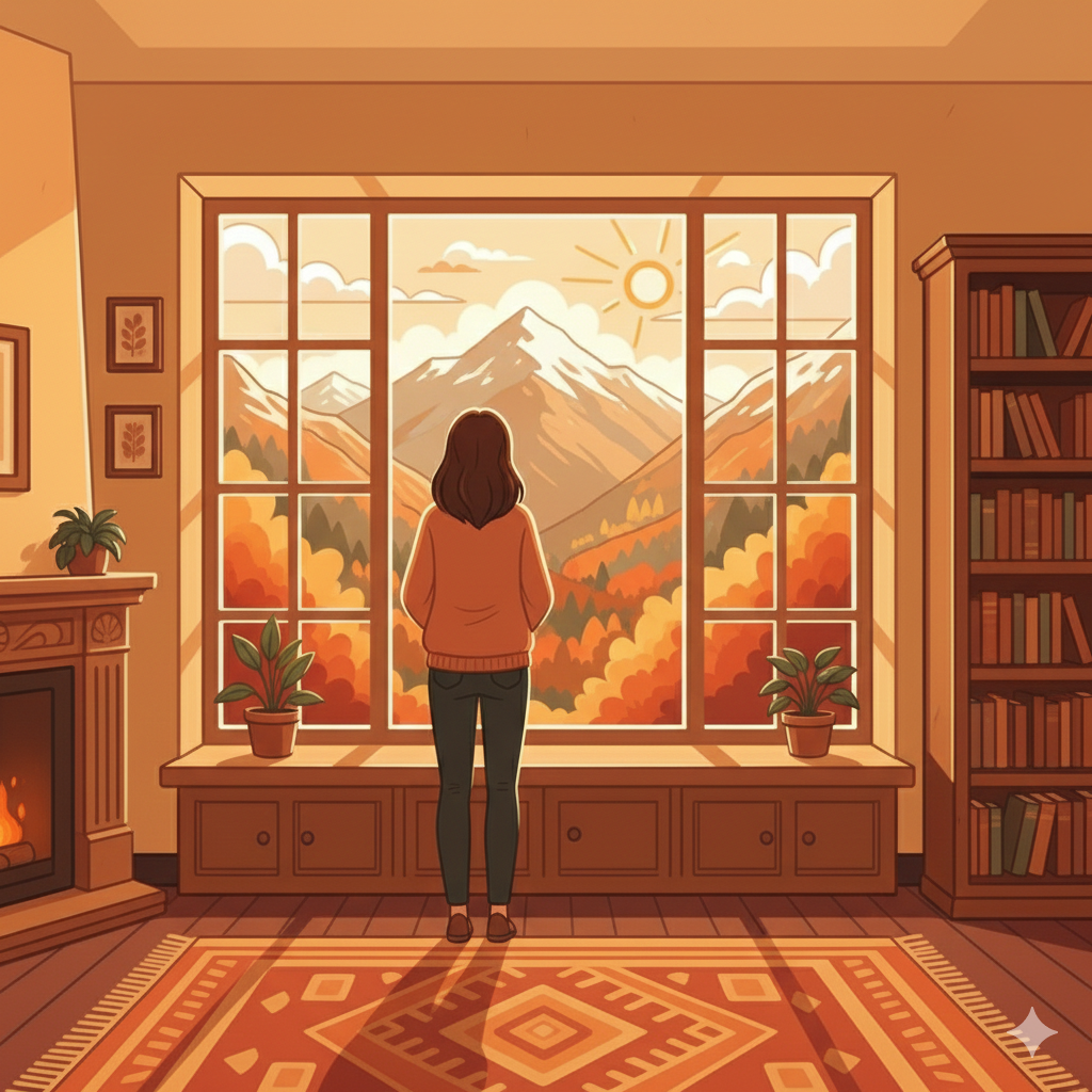 Woman gazing at mountains through a large window. Cozy living room with fireplace and bookshelf, warm colors.