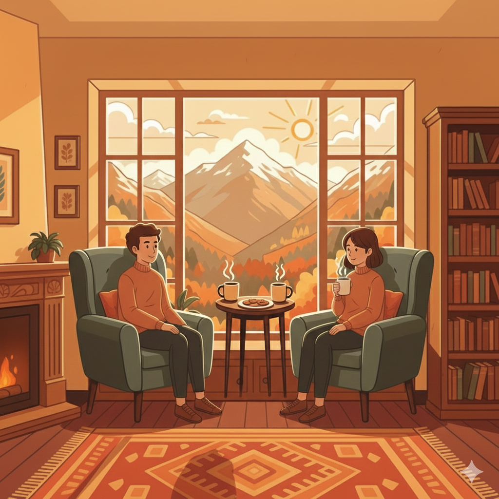 A couple sits in armchairs, enjoying coffee by a window with a mountain view, warm lighting, cozy interior.