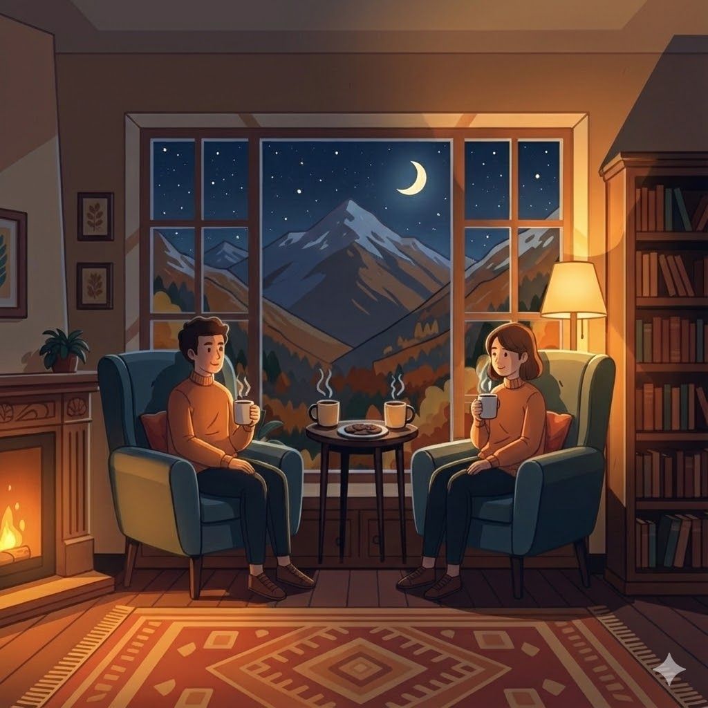 Cozy interior with two people sipping drinks by a fireplace and a large window with a mountain view at night.