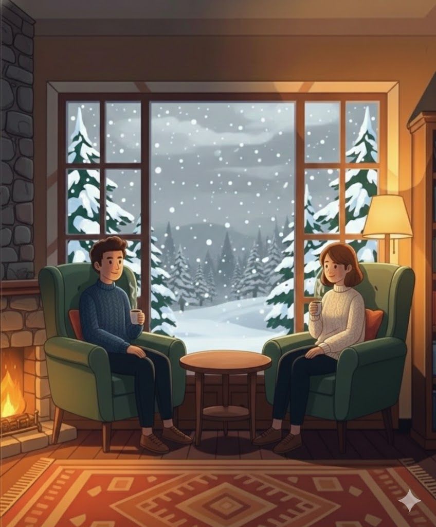 A couple sits in armchairs, enjoying coffee by a window with a mountain view, warm lighting, cozy interior.