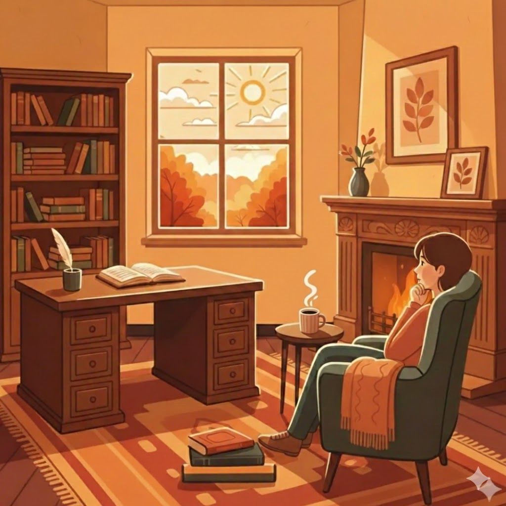 Cozy autumn scene: Person in armchair by fireplace. Desk with books. Window view of fall trees. Warm colors.