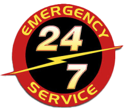 a red and black emergency service logo with a lightning bolt