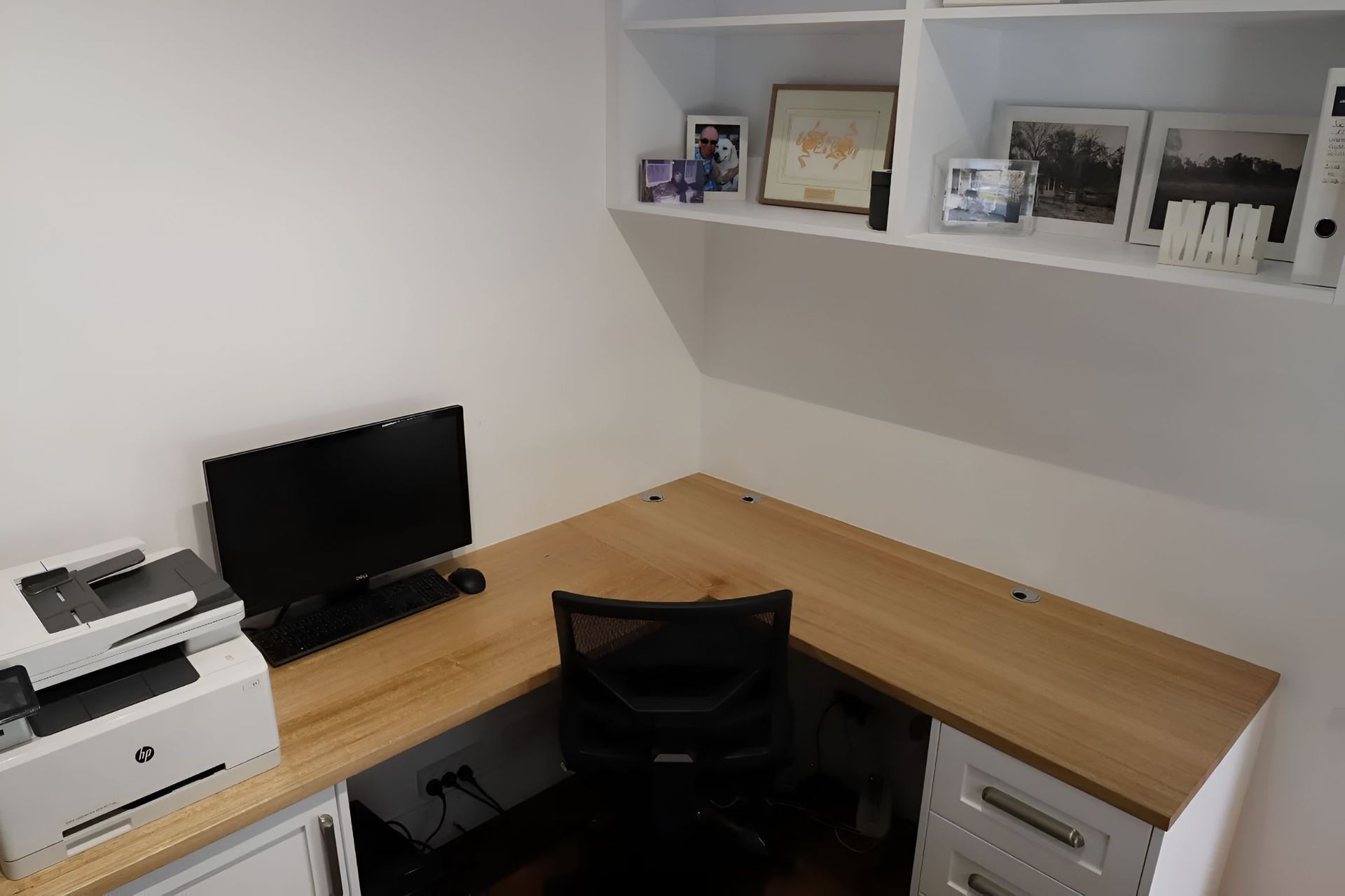 A Desk With a Computer and a Printer on It — Garry Jeans Kitchens In Cardiff, NSW