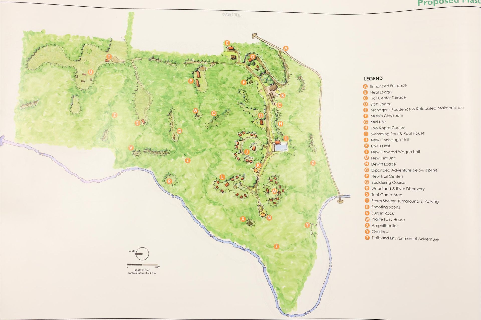 A map of a forest with a river running through it