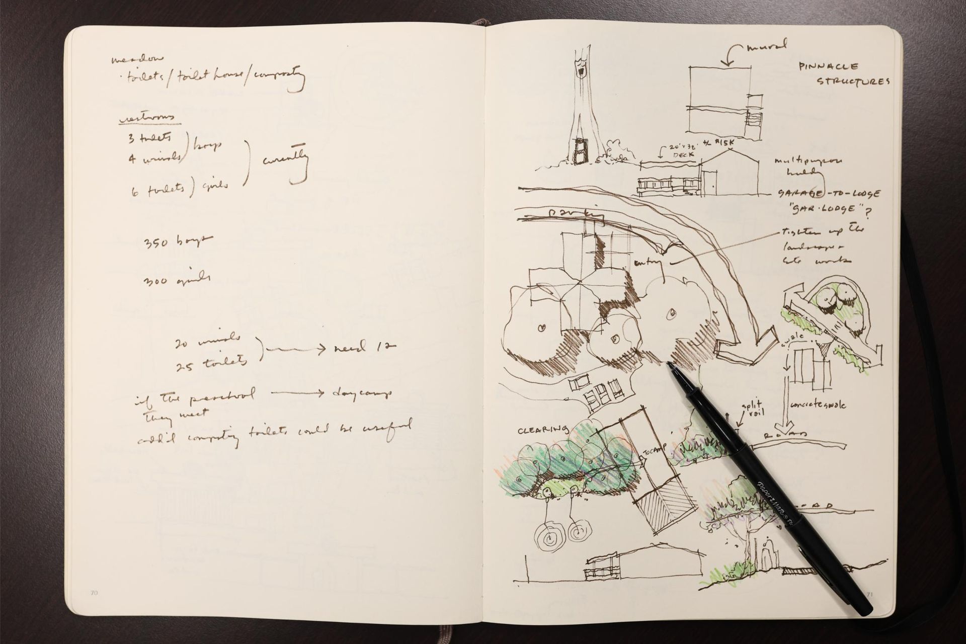 A drawing in a notebook with a pen next to it