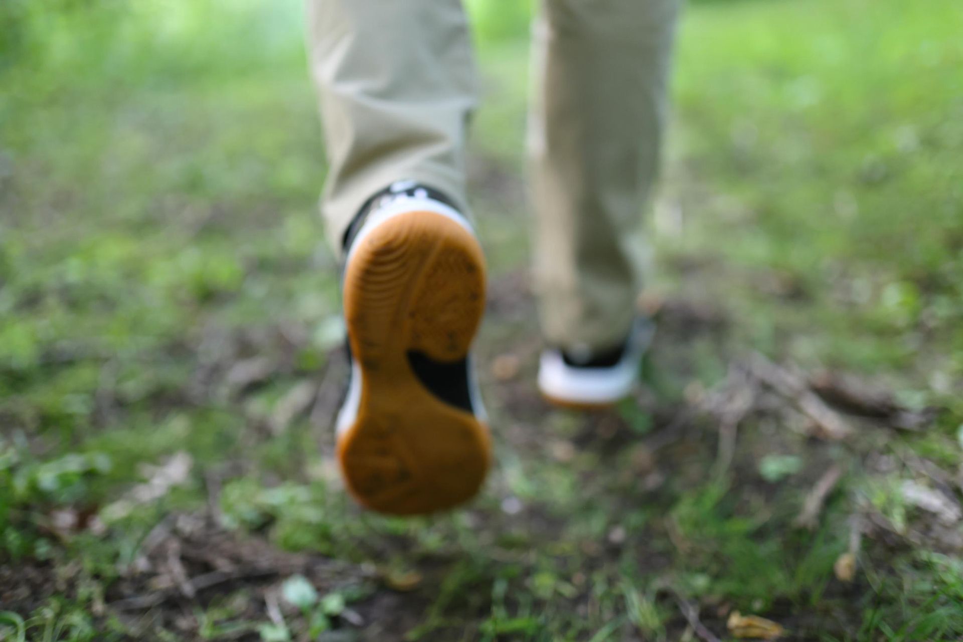 A person is walking on a path in the grass.