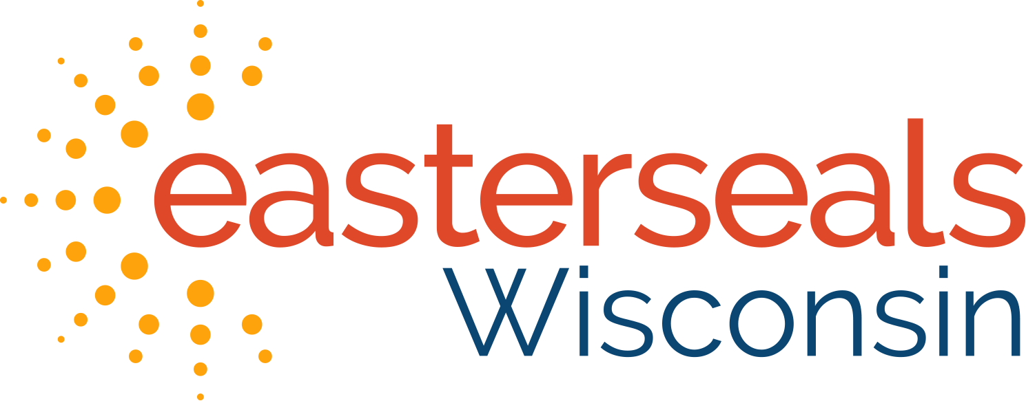 The logo for easter seals wisconsin is orange and blue.