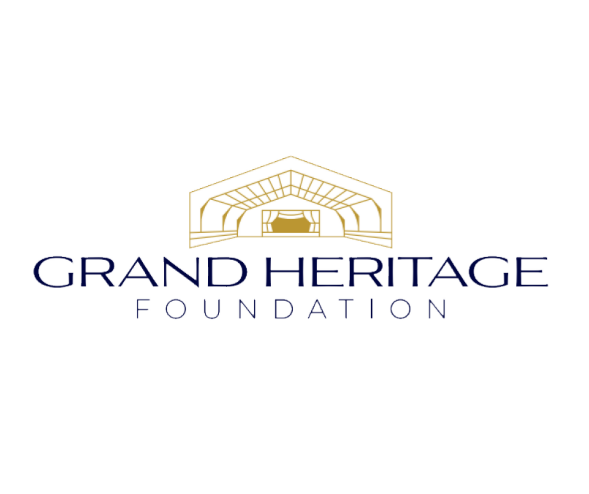 A logo for the grand heritage foundation with a building in the background.