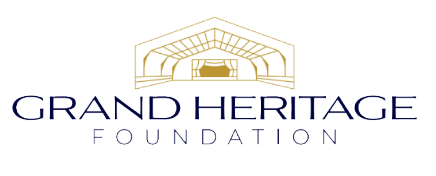 A logo for the grand heritage foundation with a building in the background.