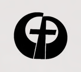 A black and white logo with a cross in the middle of a circle.