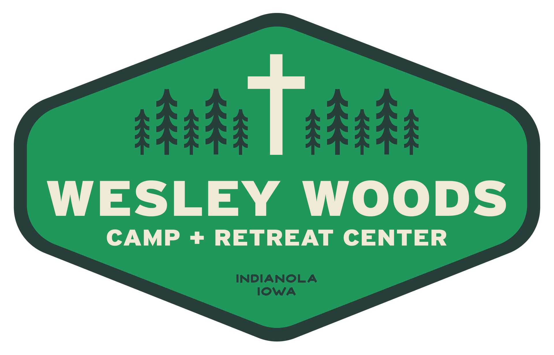 The logo for wesley woods camp and retreat center in indianola iowa
