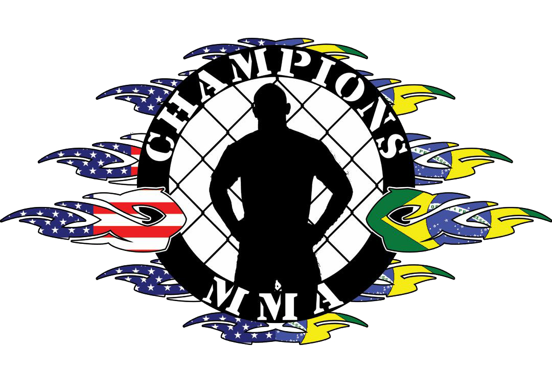 A silhouette of a man in a circle with the words champions mma on it
