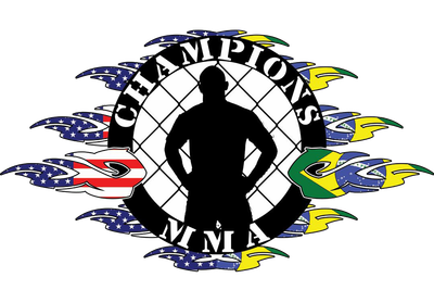 A silhouette of a man in a circle with the words champions mma on it