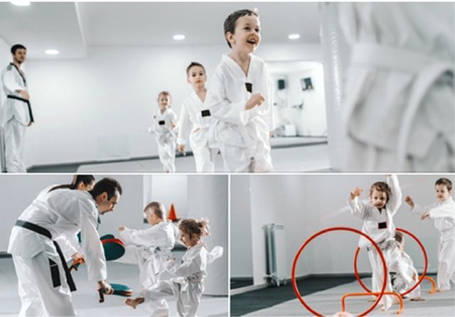 A group of children are practicing martial arts in a gym.