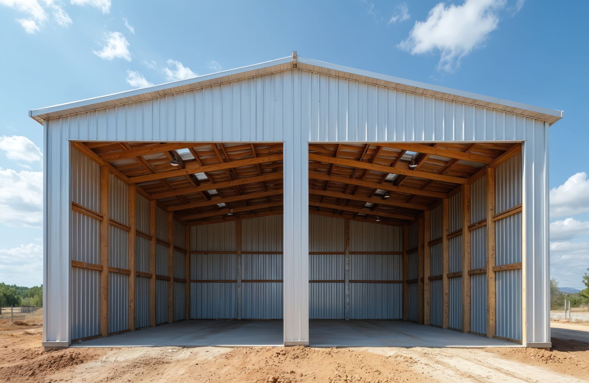 Empty metal storage building with two large open bays, showcasing wooden support beams and 