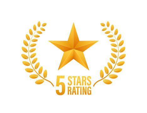 A gold star with a laurel wreath around it and the words `` 5 stars rating ''.