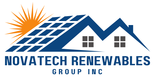 Logo for Novatech Renewables, solar panels on a house, sun in orange, blue text.