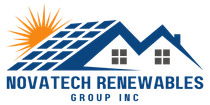 Logo for Novatech Renewables, solar panels on a house, sun in orange, blue text.