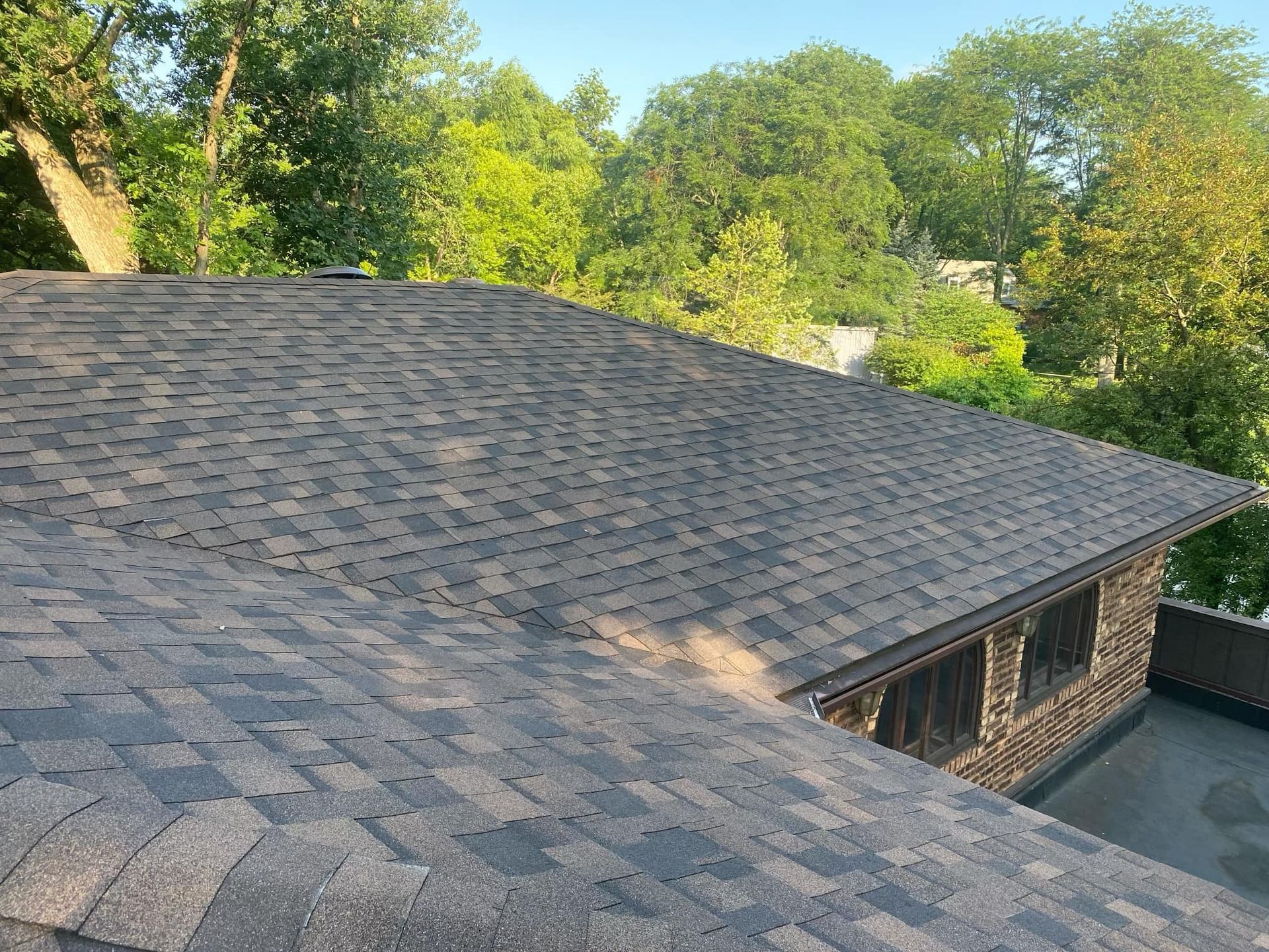 A roof of a house with a lot of trees in the background.